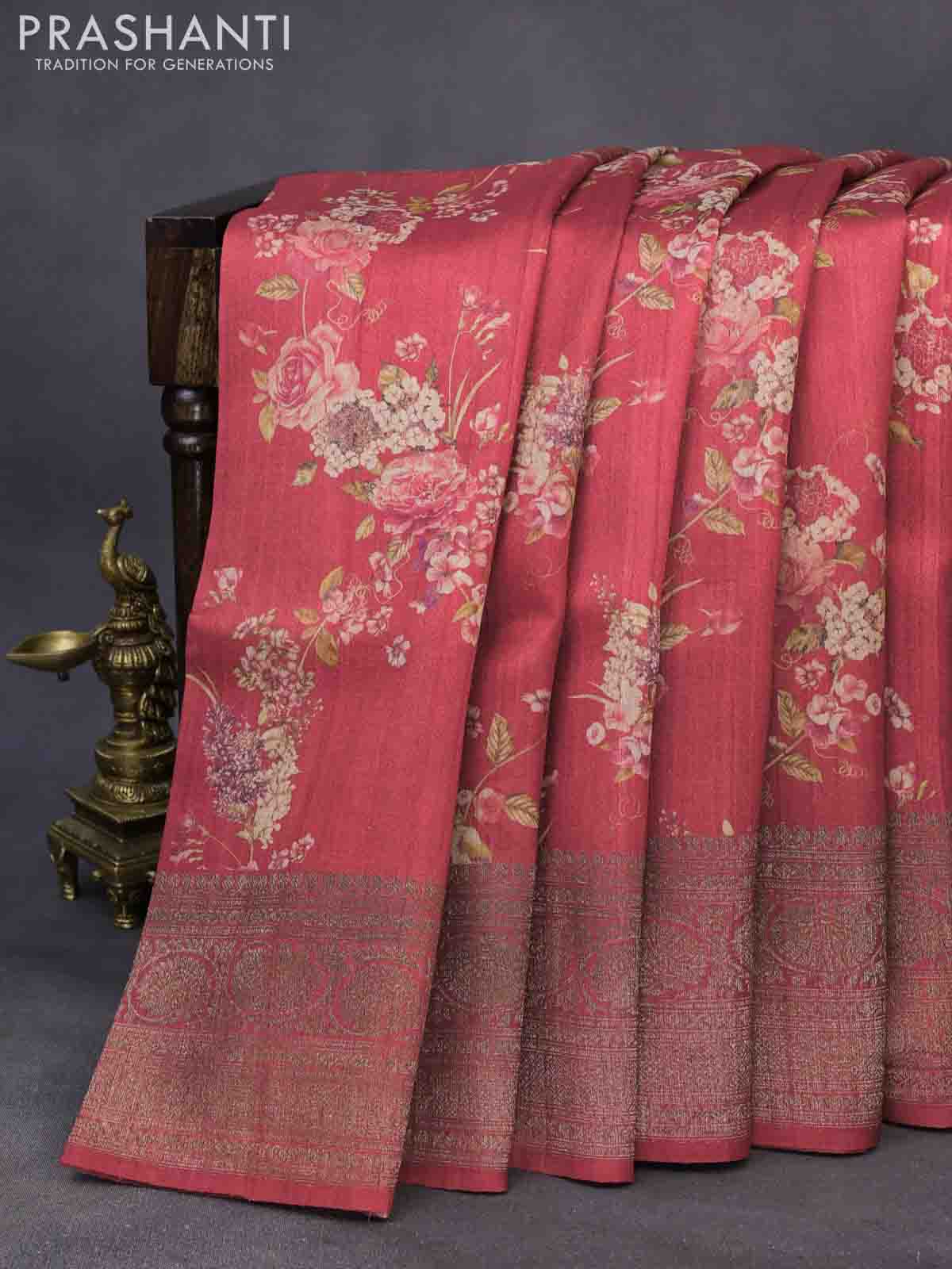 Banarasi tussar silk saree red with allover floral digital prints and banarasi style border