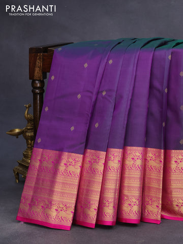 Pure kanchipuram silk saree dual shade of greenish purple and pink with zari woven buttas and long zari woven border