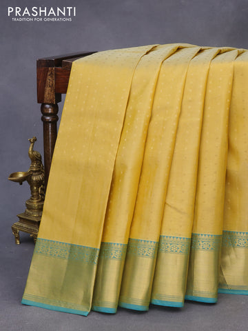 Pure kanchipuram silk saree pale yellow and dual shade of blue with zari woven buttas and zari woven border