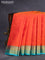 Pure kanchipuram silk saree dual shade of pinkish orange and teal blue with zari woven buttas and zari woven border