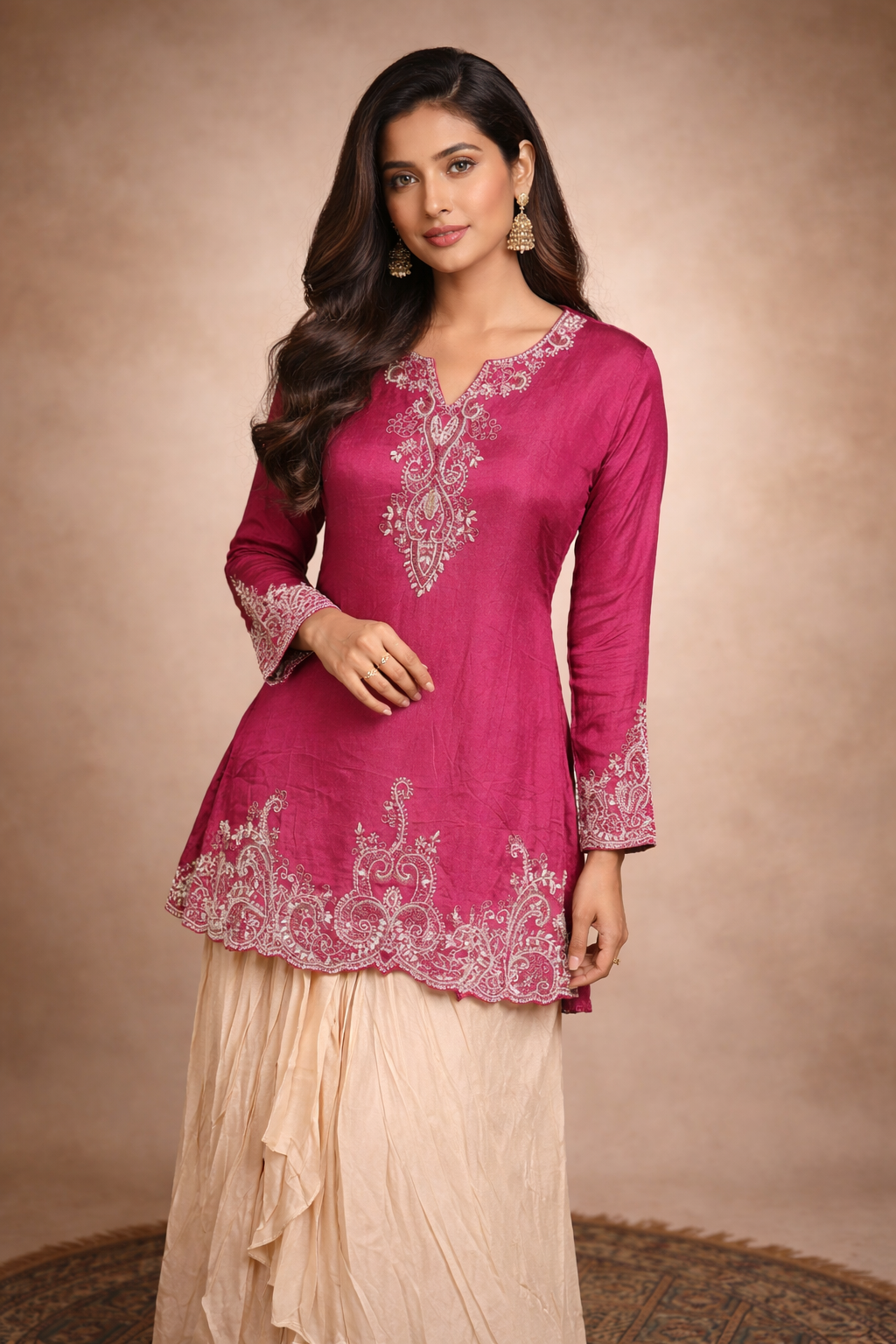 Bright Pink Silk Blend Embroidered Kurta Set