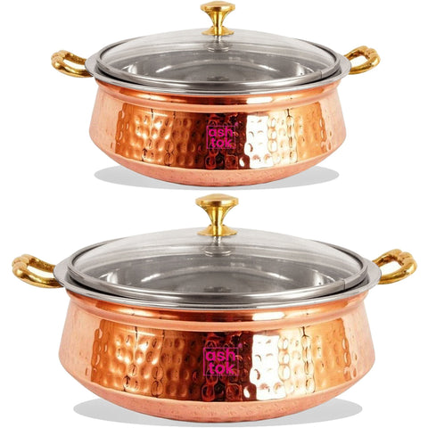 Copper Handi With Glass Lid, Set Of Copper Serving Bowls, Capacity - 500ml and 250 ml