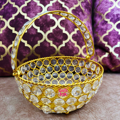 Crystal Basket Gift Item, Gold Coated Flower Basket (Dia 7 Inches)