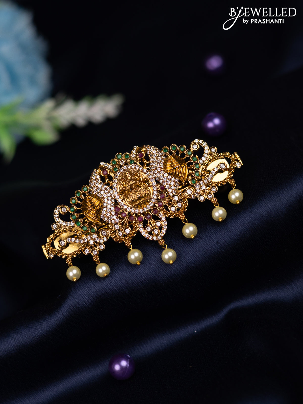 Antique hair clip medium size peacock & lakshmi design with kemp & cz stones and pearl hangings
