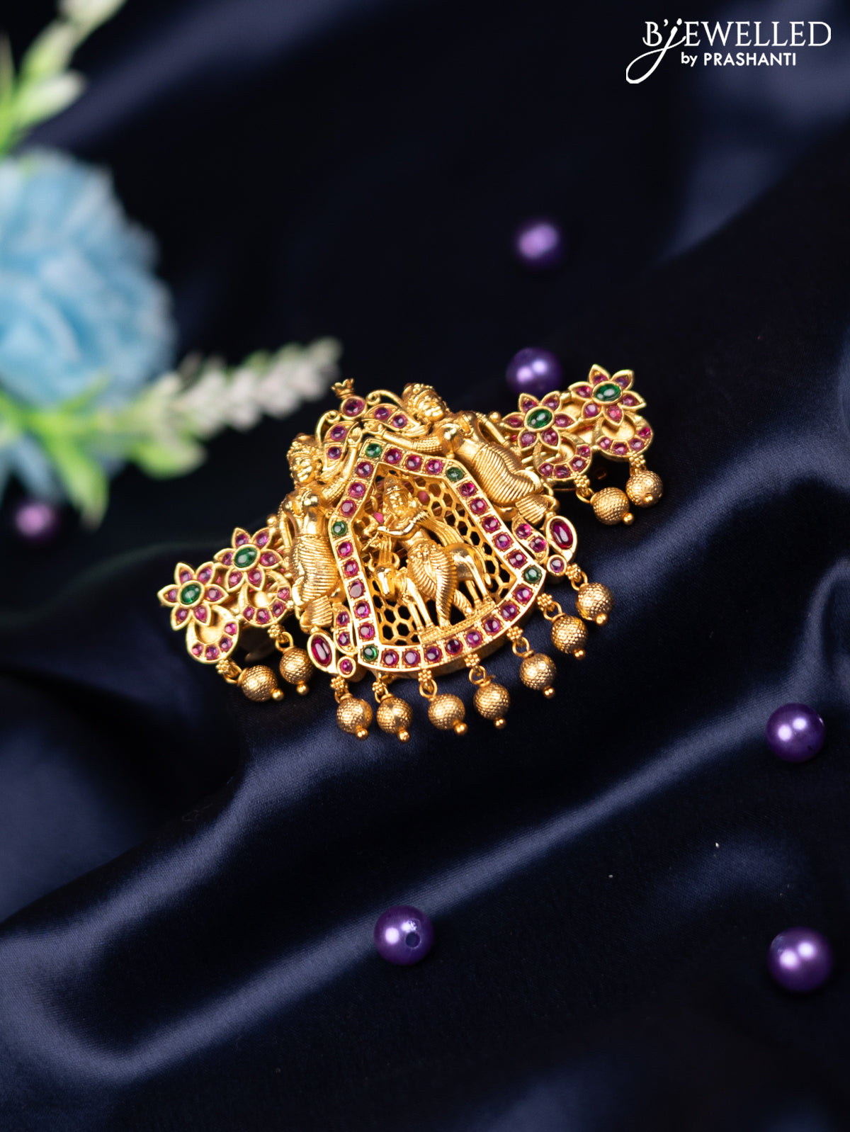 Antique hair clip big size krishna design with kemp stones and golden beads hanging