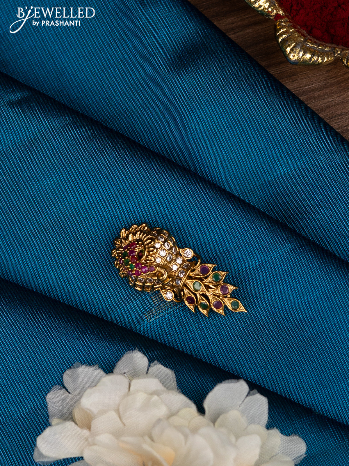 Antique saree pin kalasha & peacock design wih kemp and cz stones