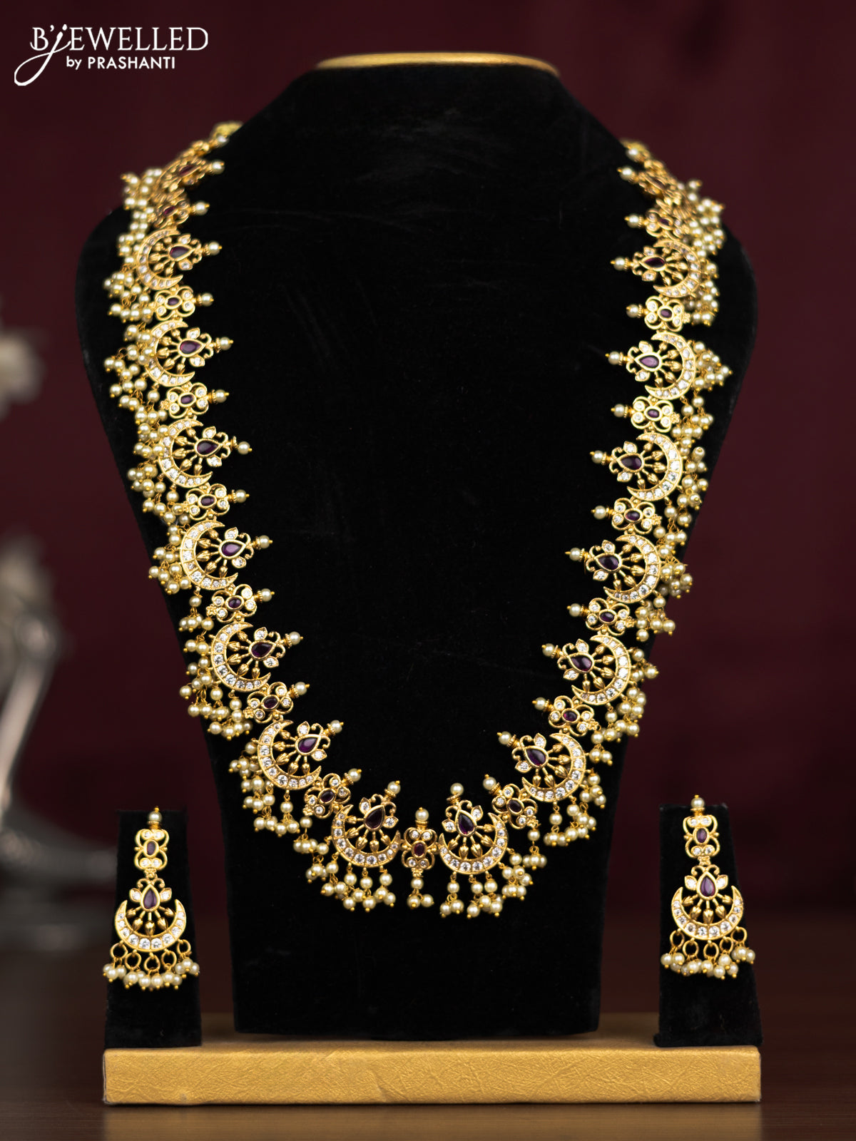 Antique guttapusalu haaram chandbali design with pink kemp & cz stones and pearl hangings