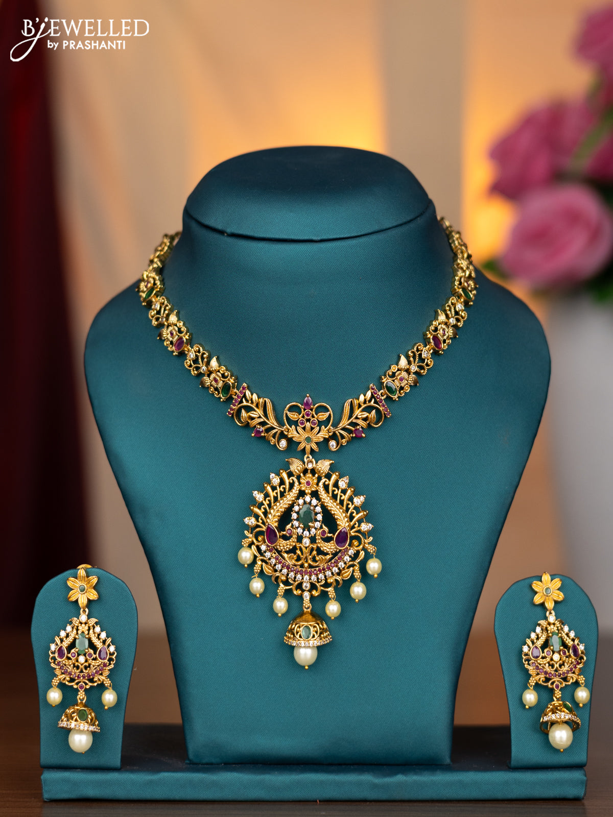 Antique necklace with kemp & cz stones and pearl hangings