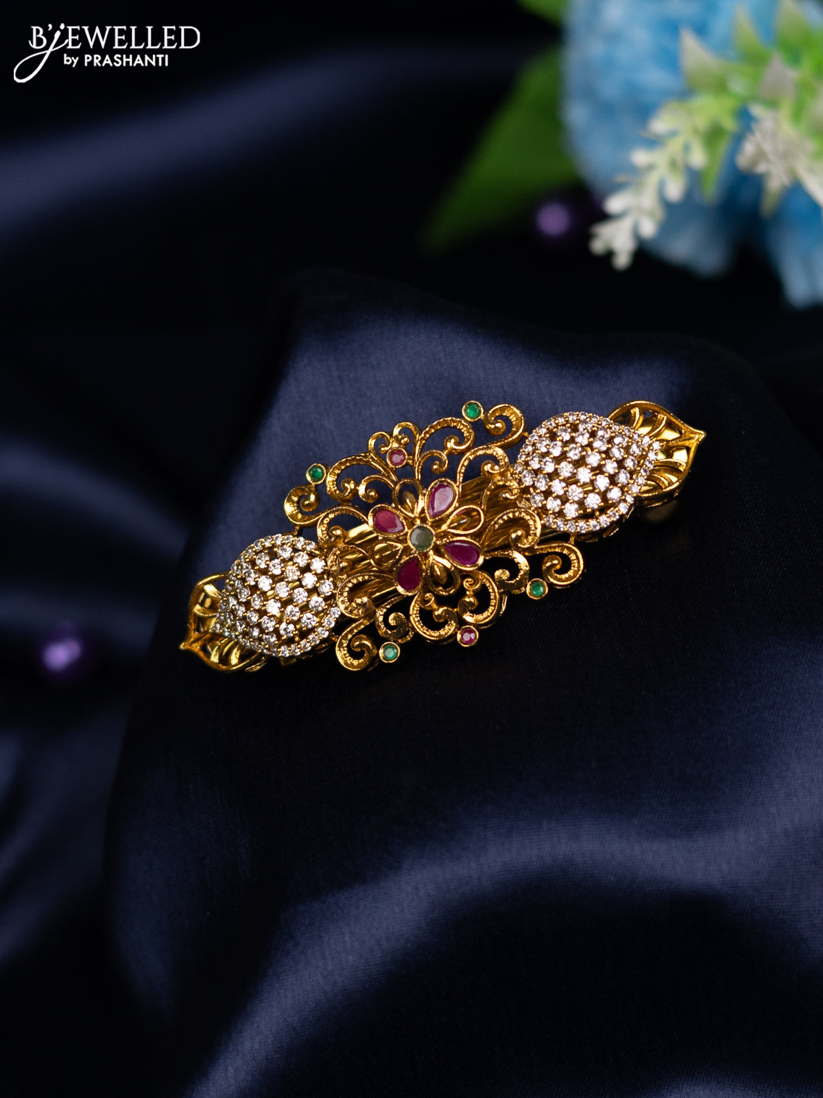 Antique hair clip medium size floral design with kemp and cz stones