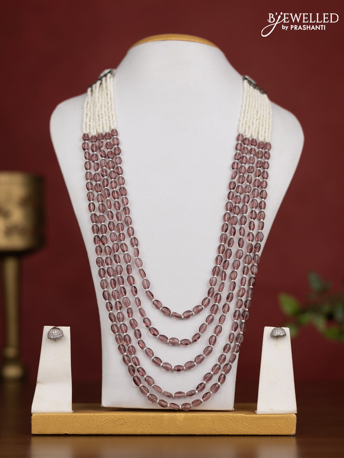 Jaipur crystal white and wine half and half beaded necklace with earrings