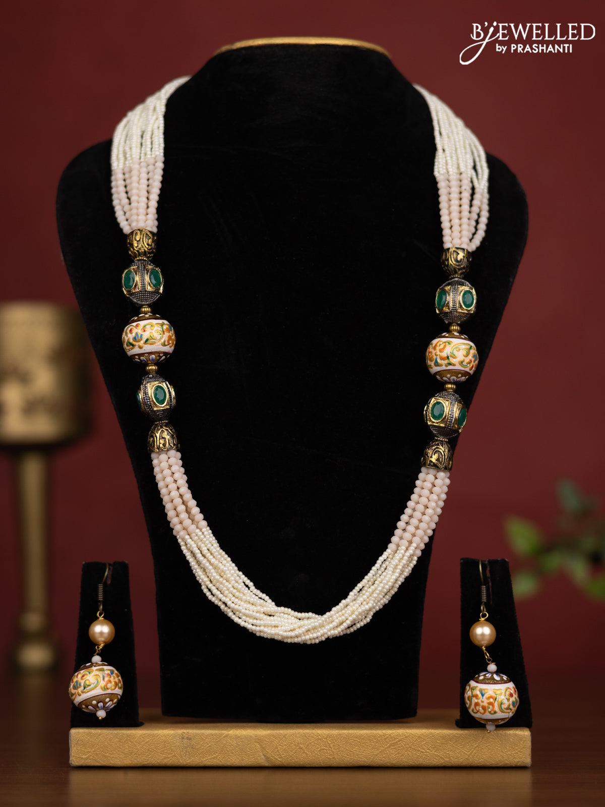 Jaipur crystal white and pink half and half beaded necklace with earrings