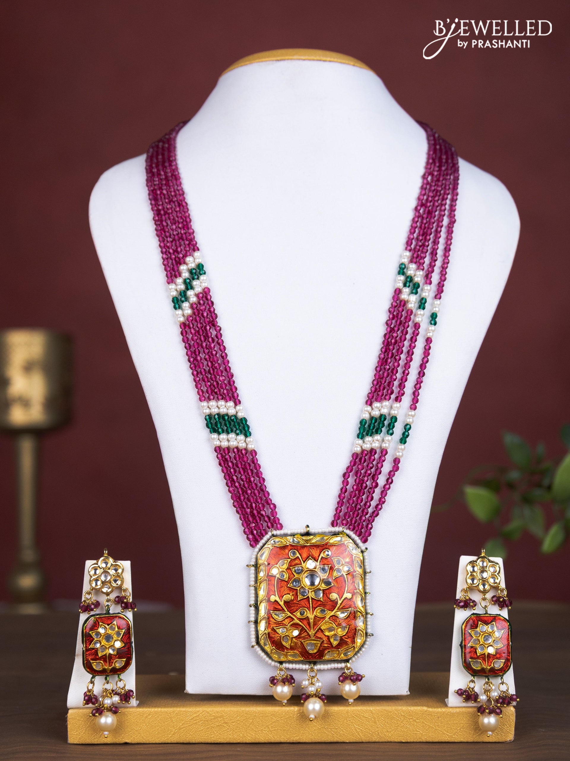 Jaipur multilayer beaded maroon necklace with meenakari pendant and pearl hangings