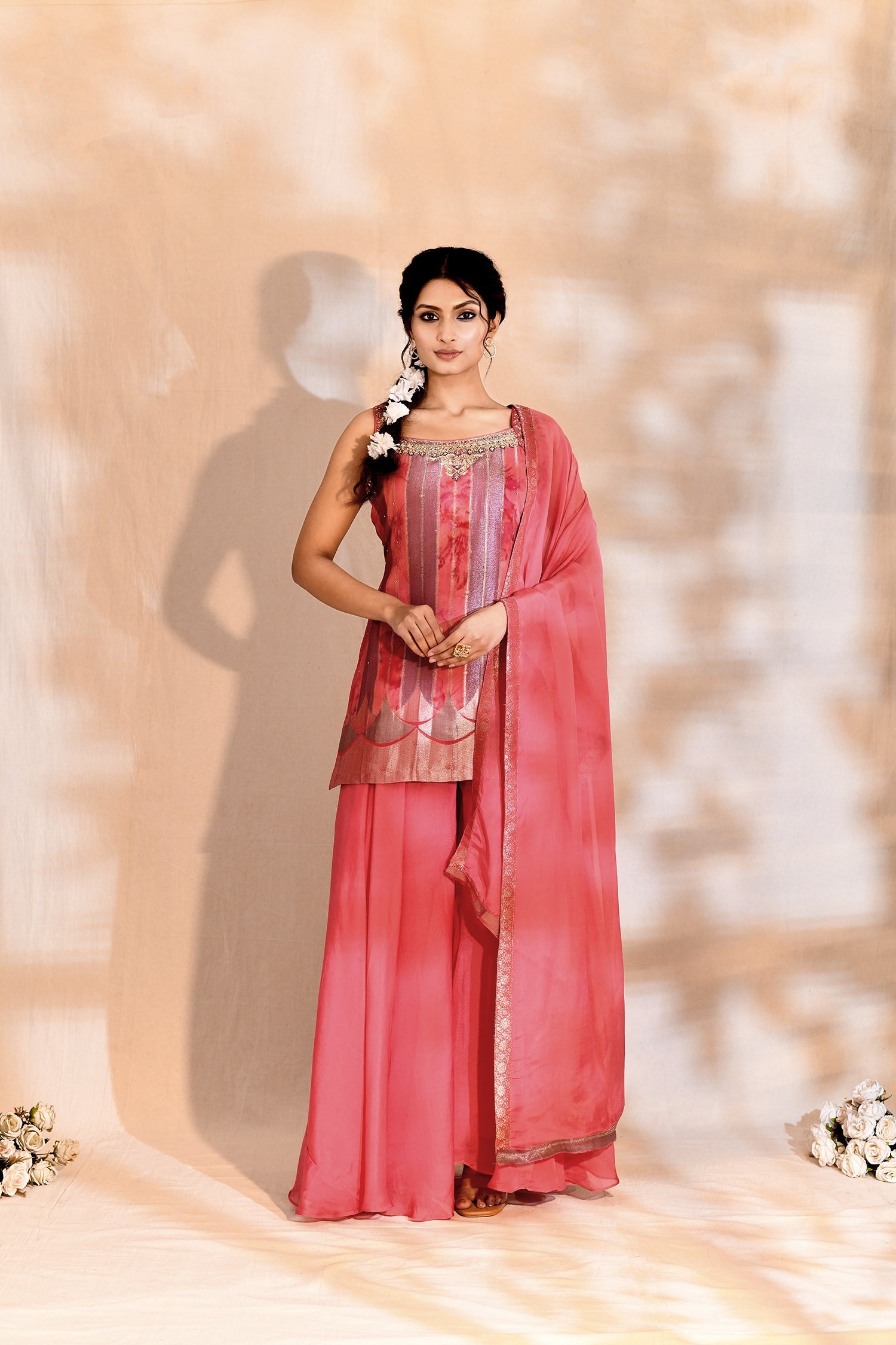 Bright Pink Tissue Silk Embroidered Sharara Set