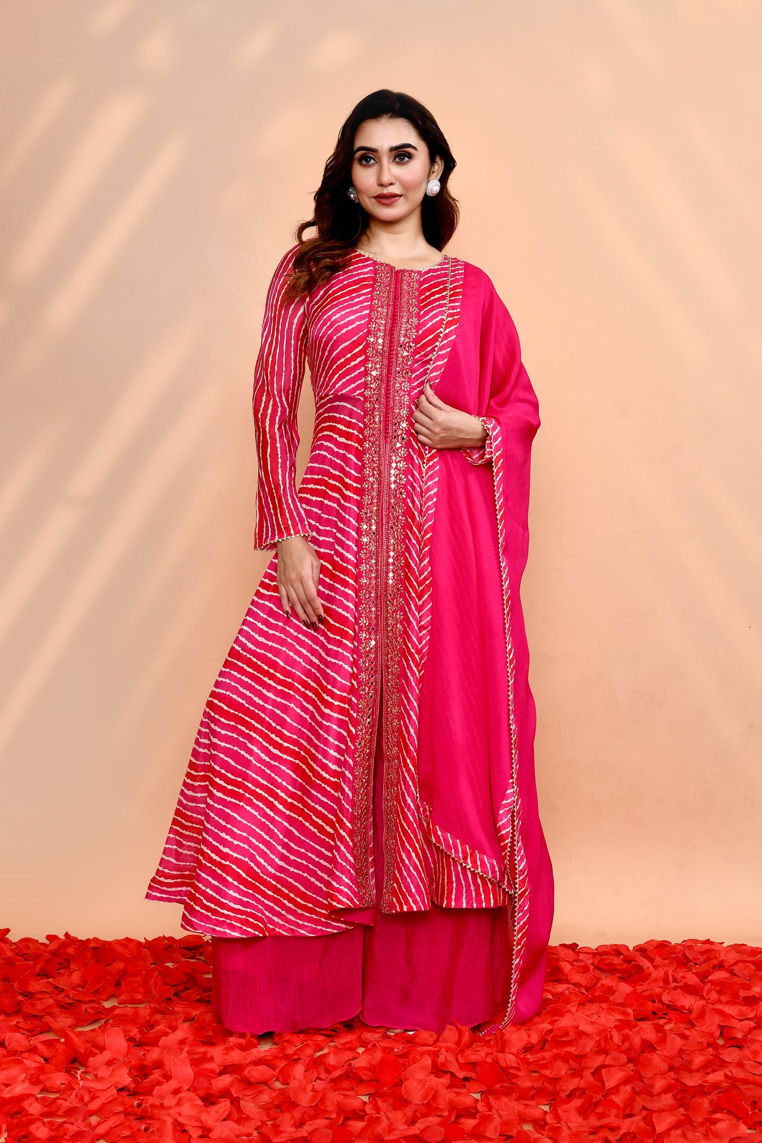 Bright Pink Tissue Silk Leheriya Anarkali Set