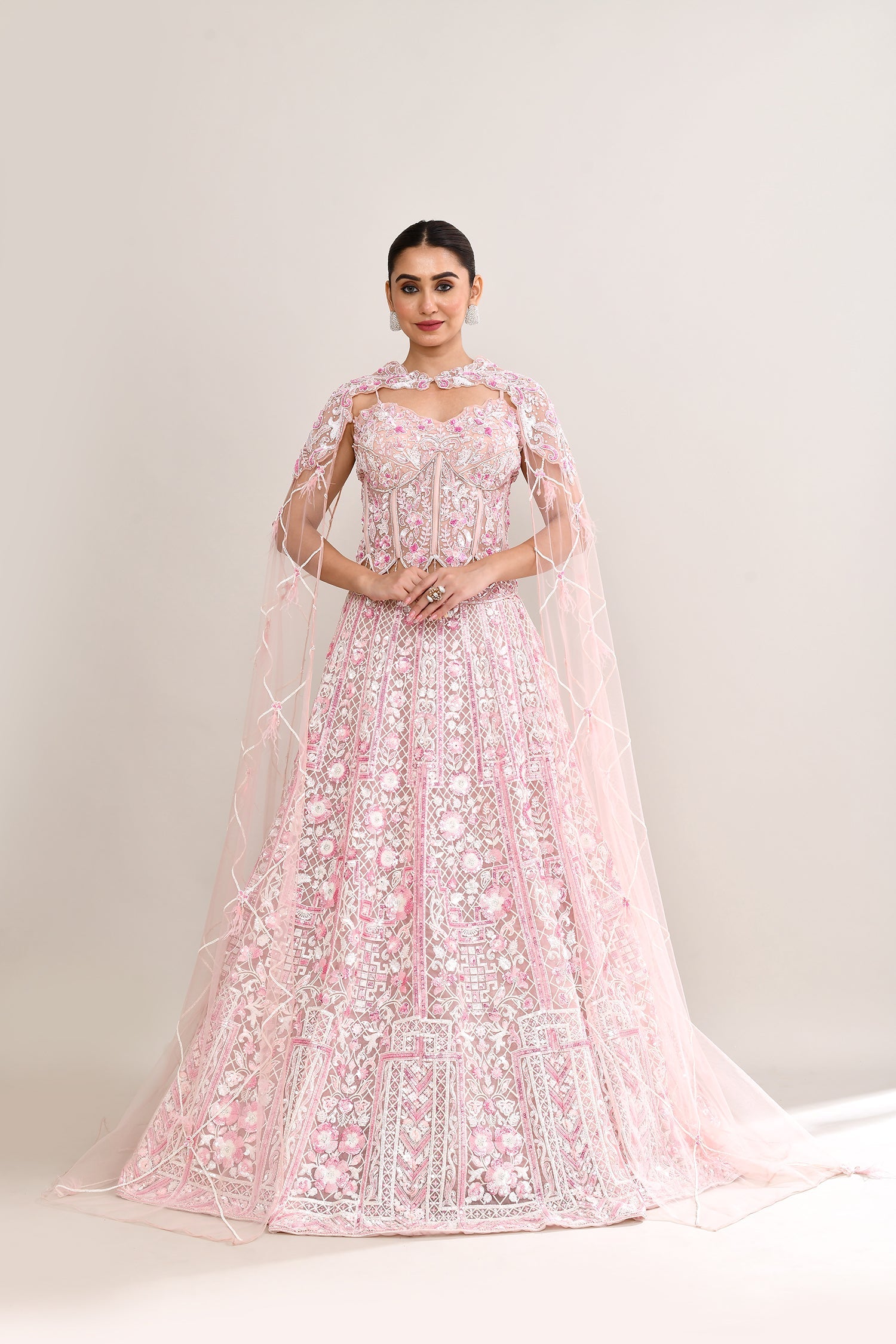 Soft Pink Net Embroidered Lehenga Set