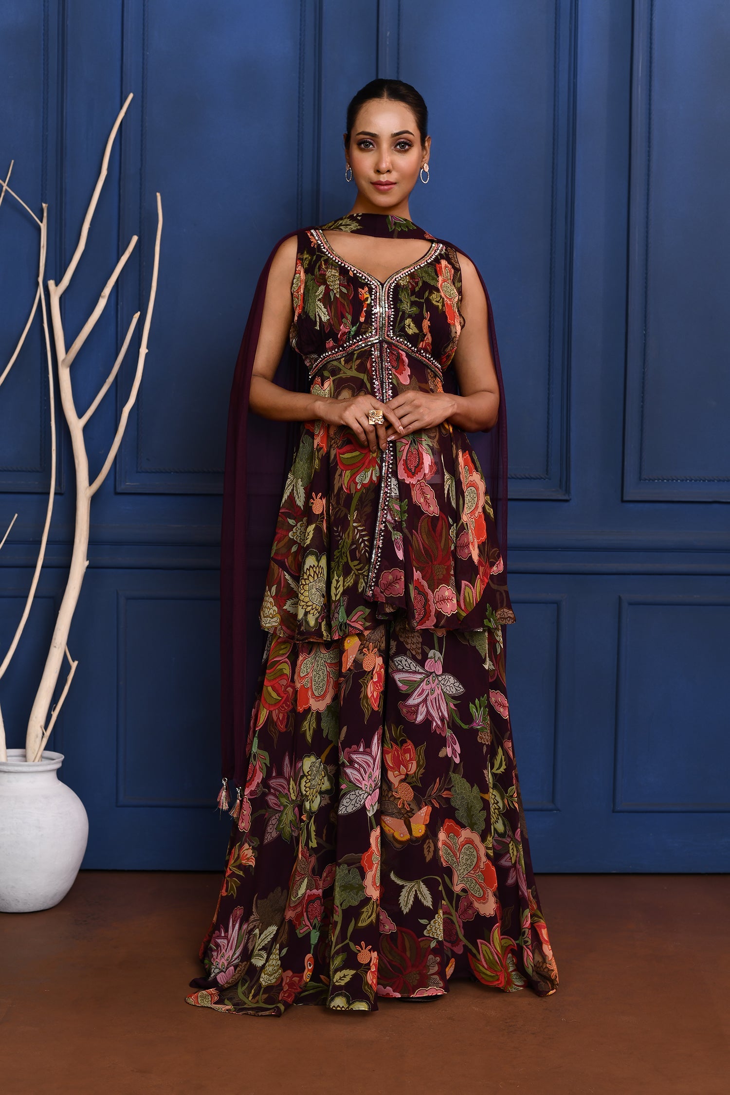 Berry Purple Floral Georgette Peplum Set