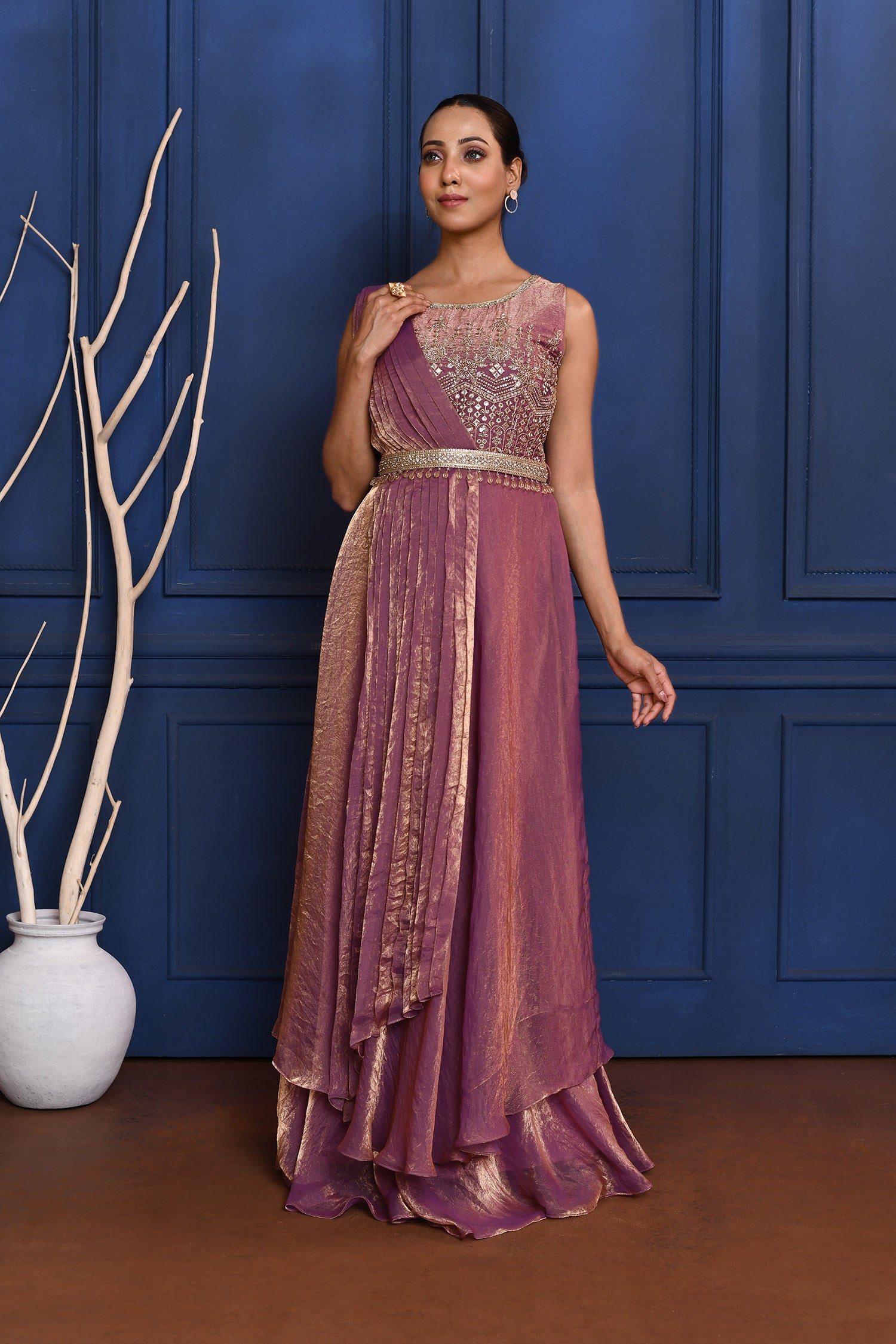 Shiny Purple Tissue Embroidered Indo-Western Set