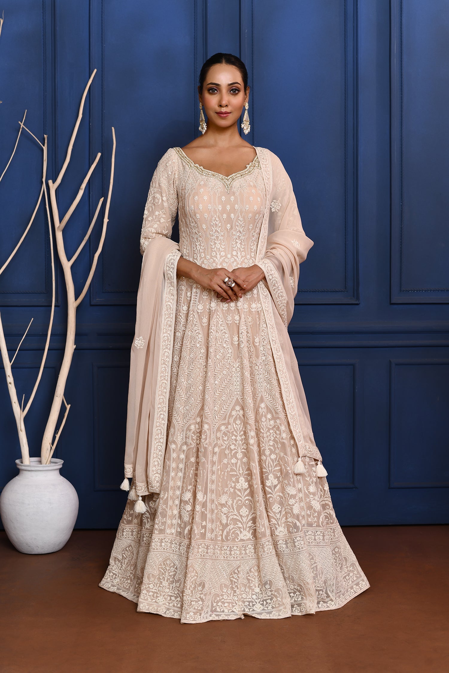 Off-White Embroidered Georgette Anarkali Set