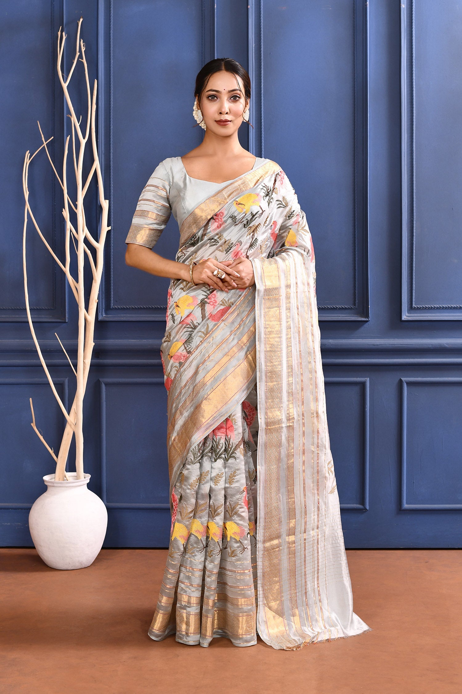 Silver Embroidered Silk Saree