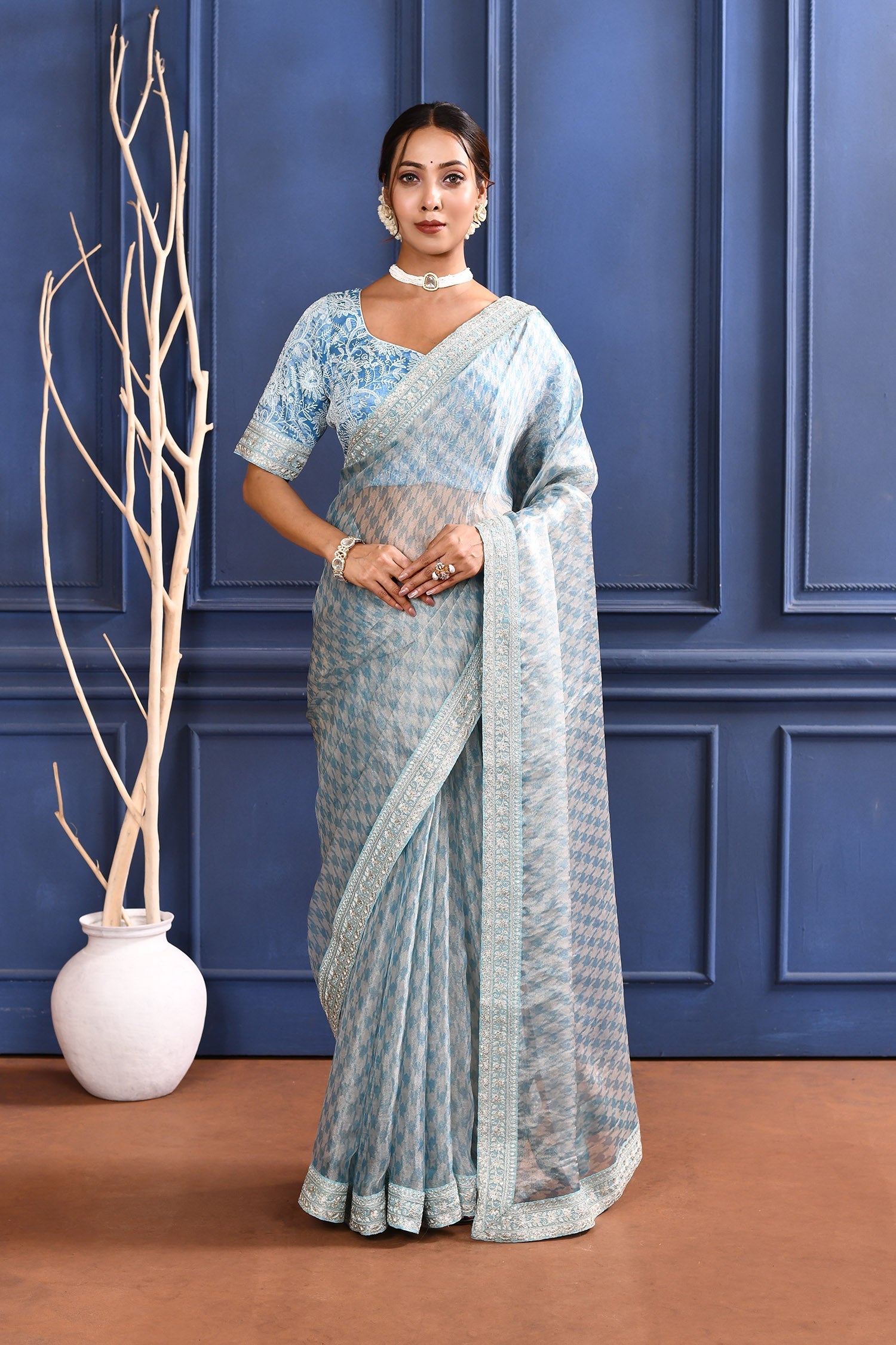 Bright Blue Printed Tissue Saree