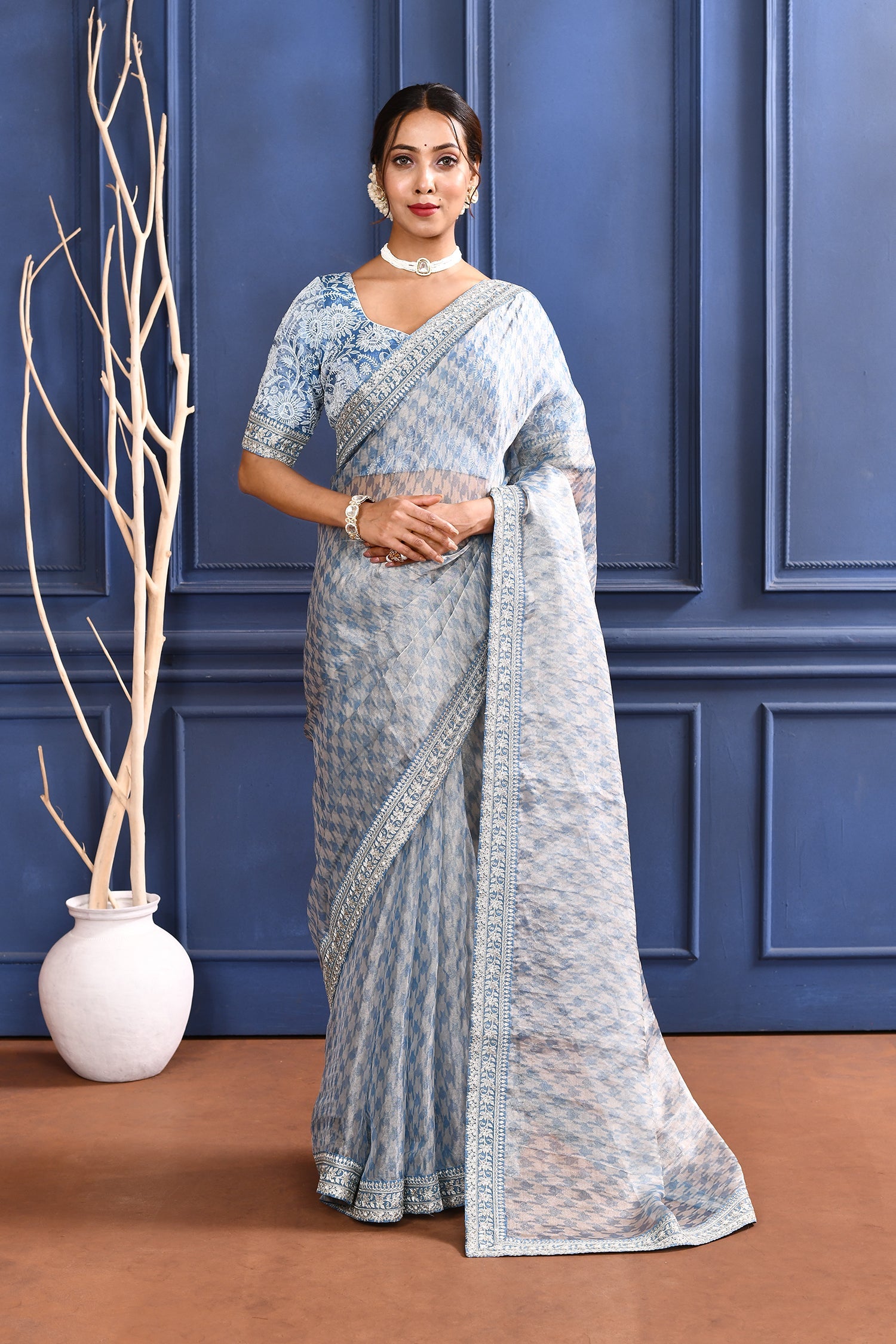 Aqua Blue Printed Tissue Saree