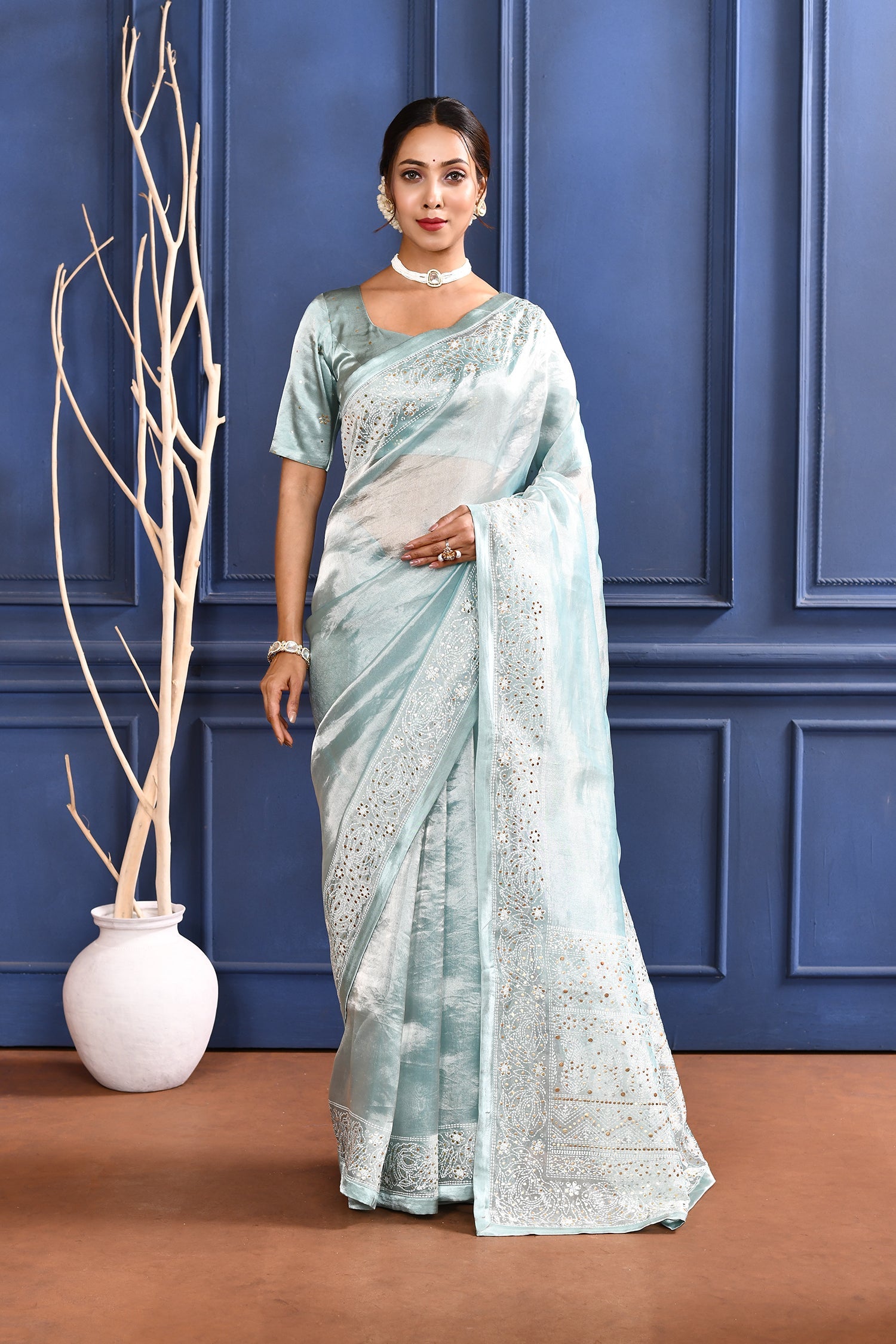 Jewel Blue Printed Foil Tissue Saree
