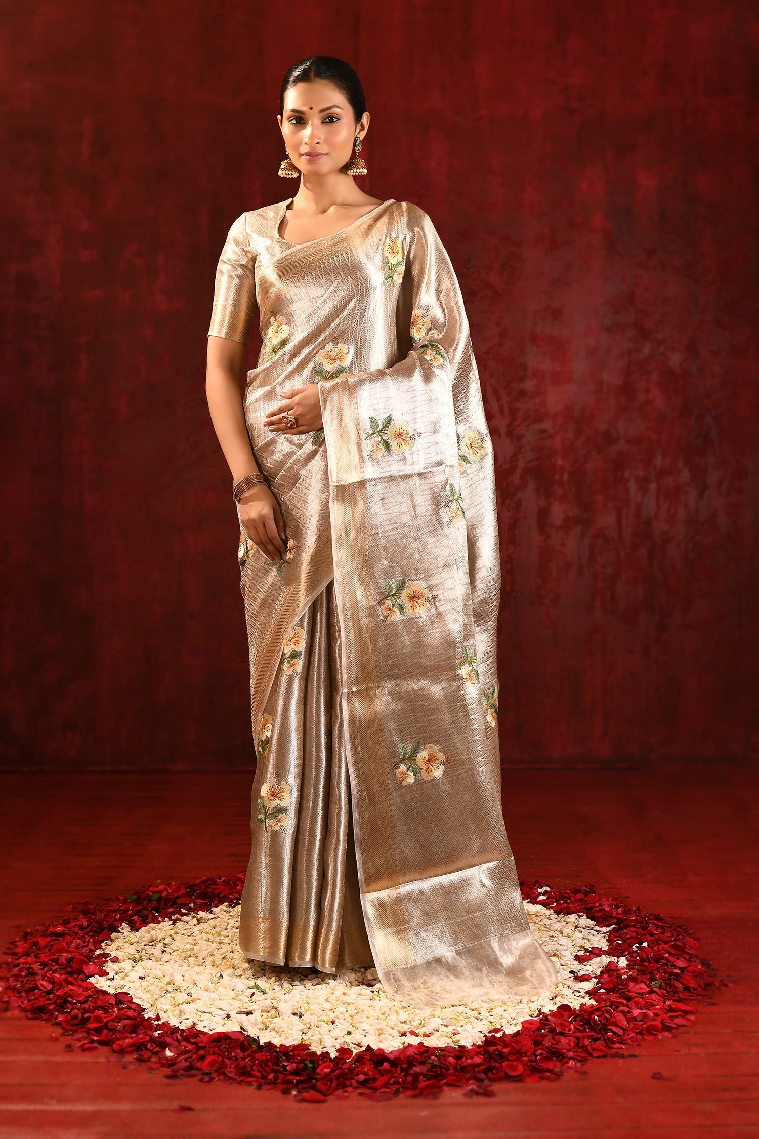 Jewel Gold Tissue Embroidered Floral Saree