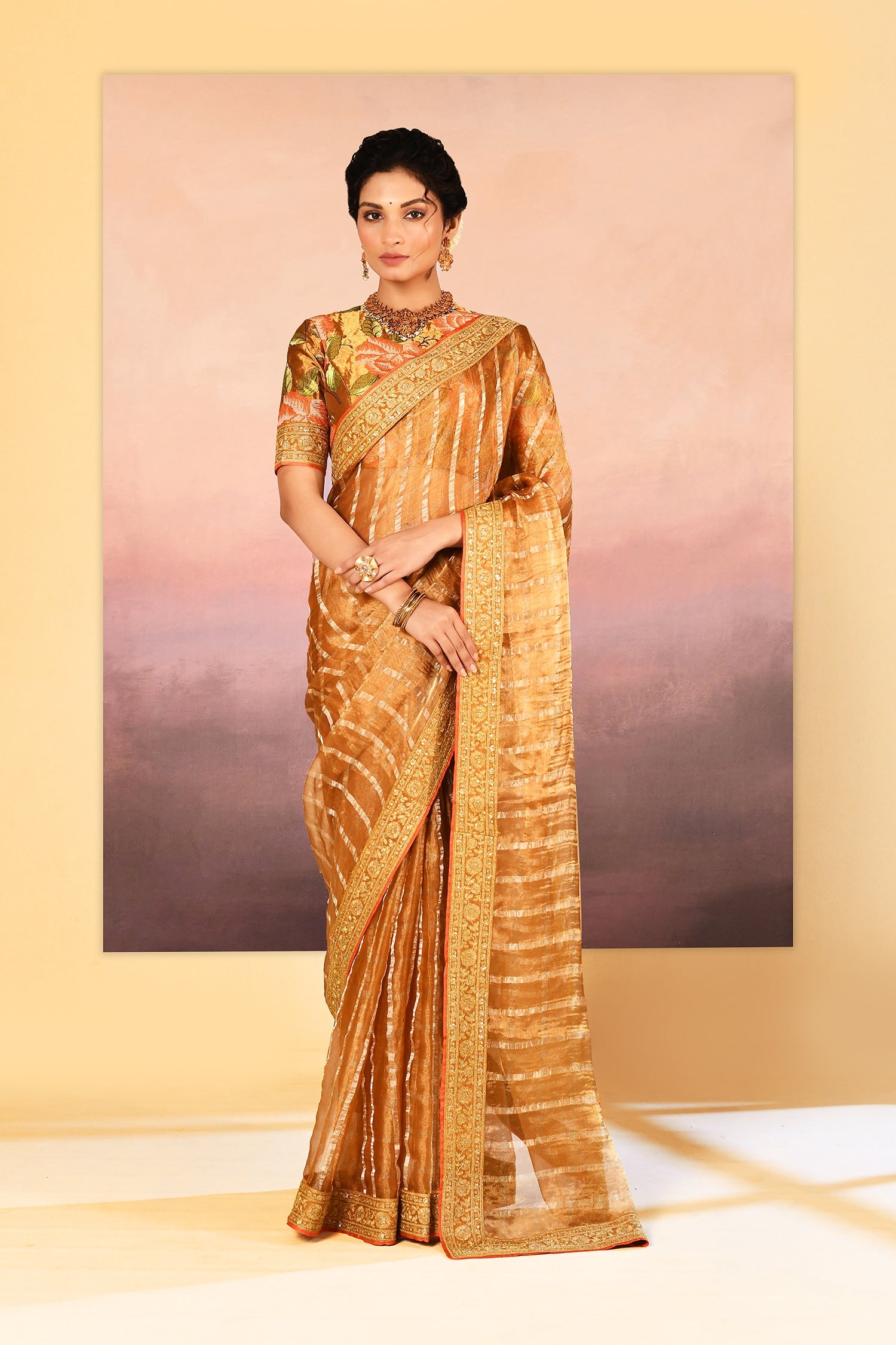 Classic Gold Embroidered Tissue Saree
