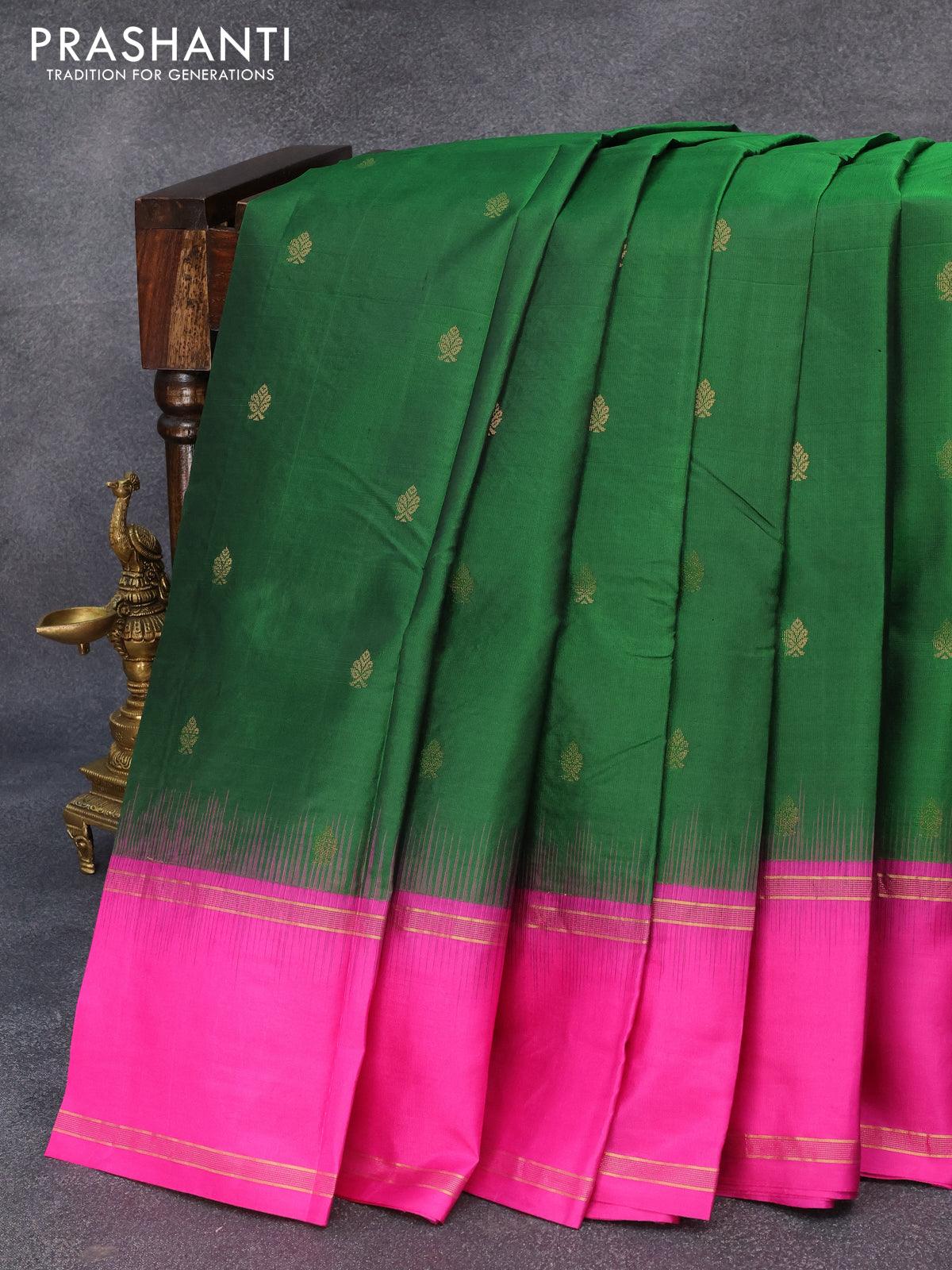 Pure kanjivaram silk saree green and pink with zari woven buttas and rettapet zari woven border