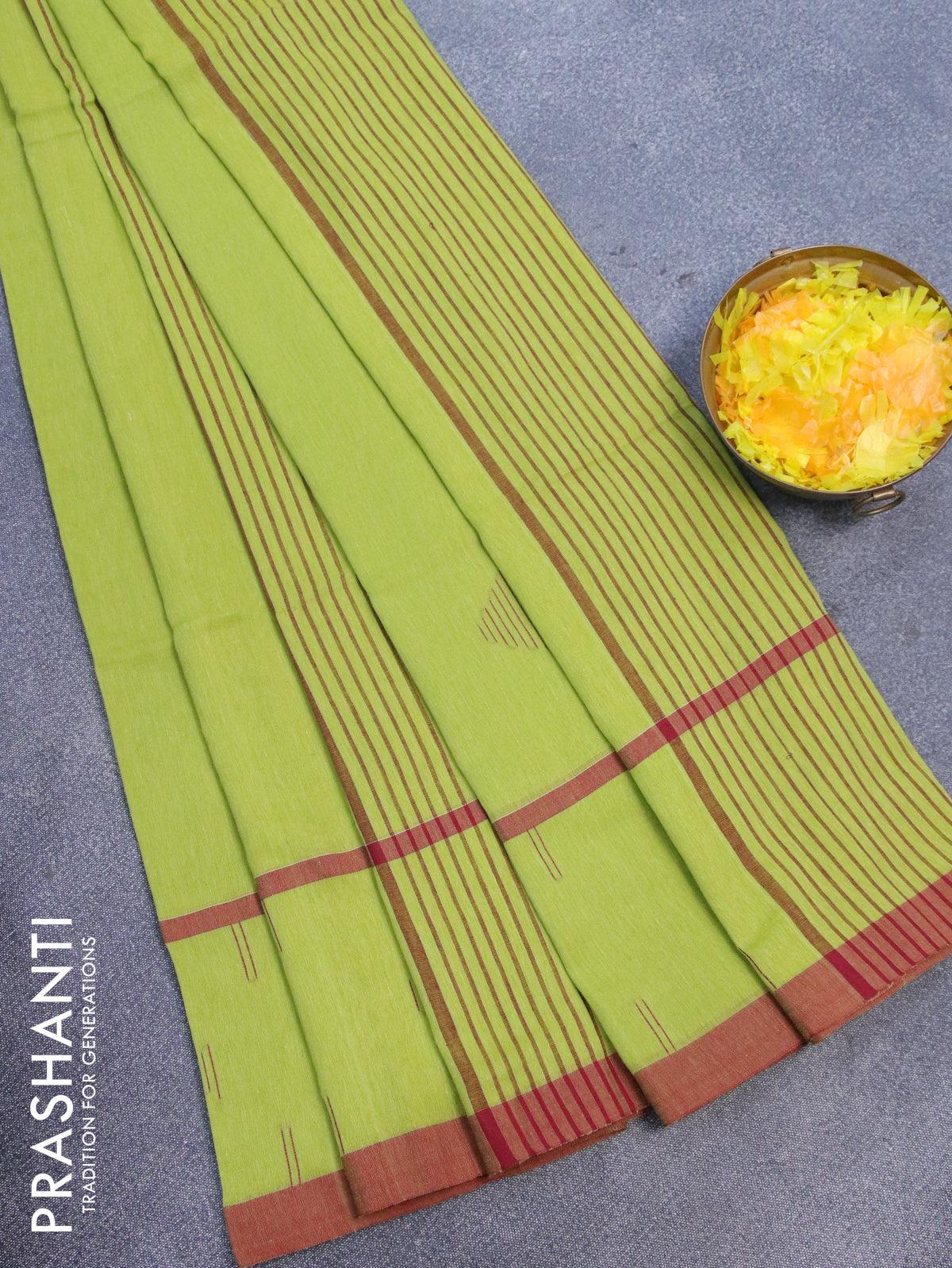 Bengal soft cotton saree light green and maroon with thread woven buttas and simple border