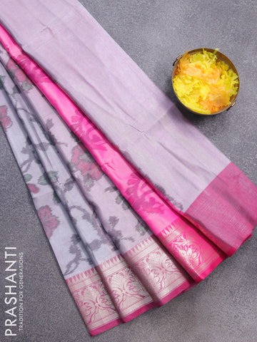 Banarasi semi tussar saree pastel grey and pink with allover ikat weaves and zari woven border