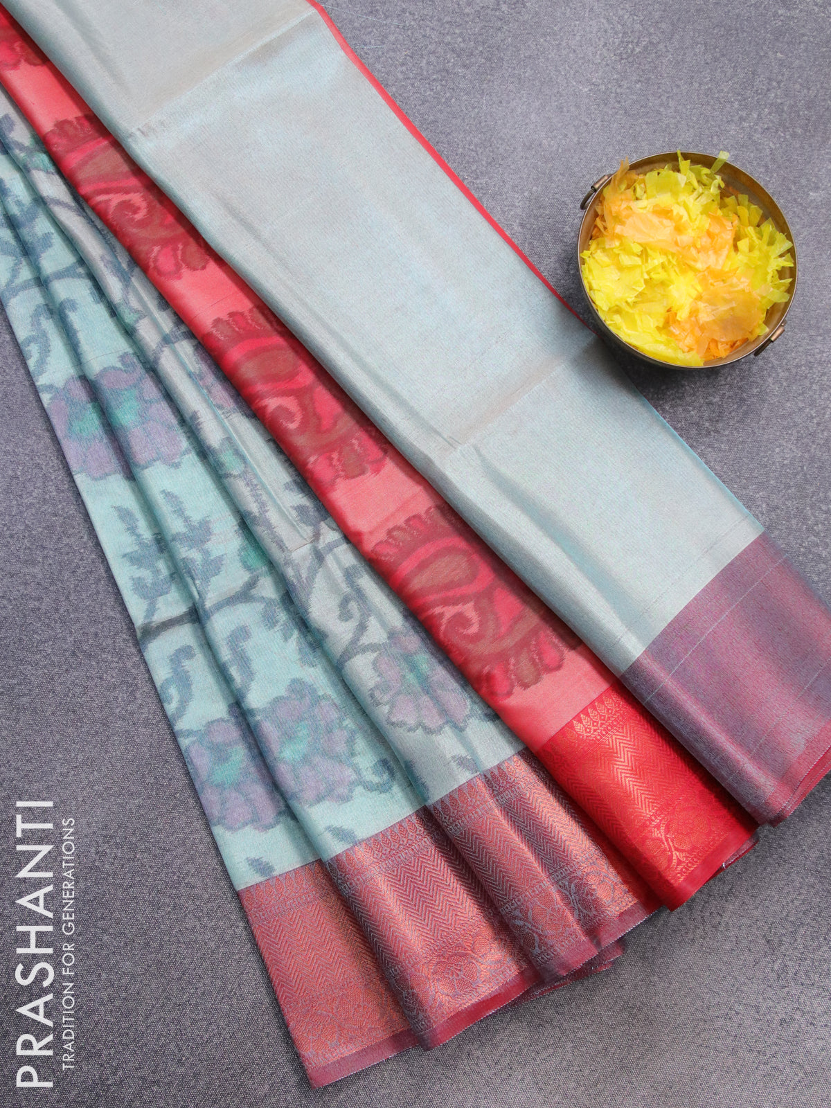 Banarasi semi tussar saree light blue and maroon with allover ikat weaves and copper zari woven border