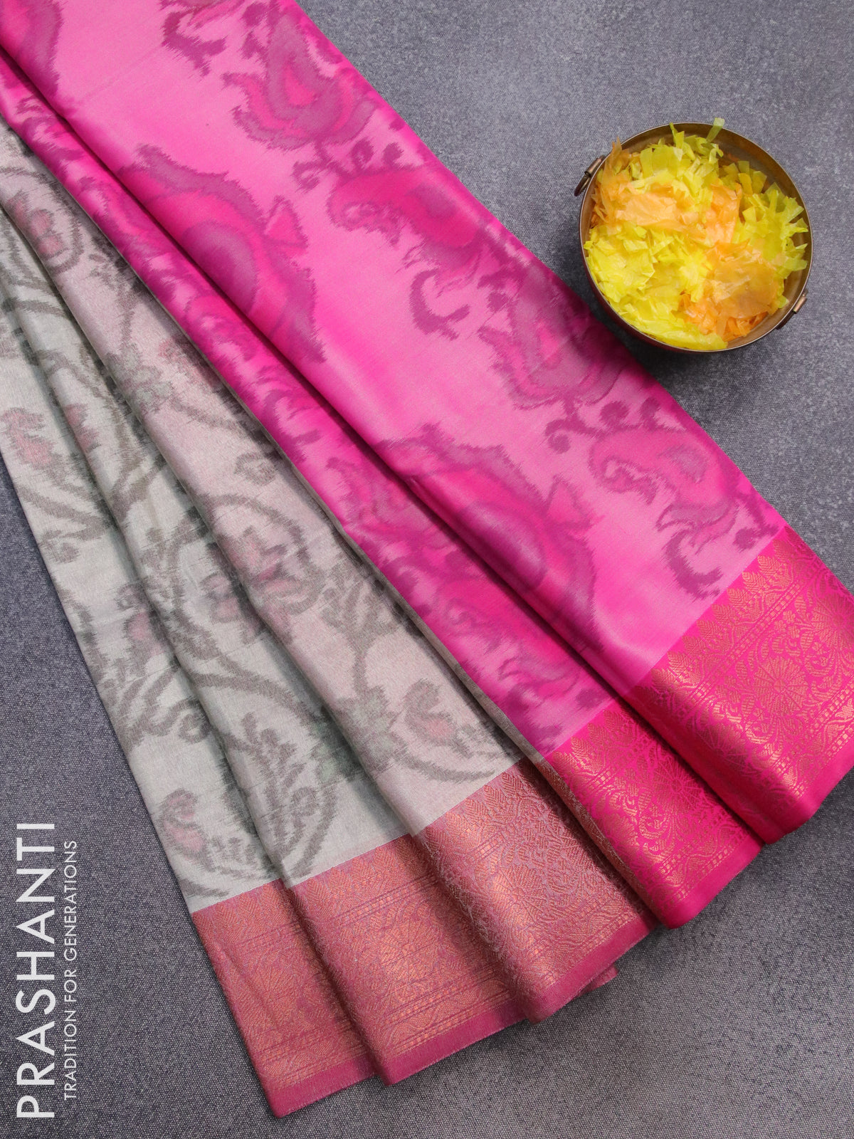 Banarasi semi tussar saree grey and pink with allover ikat weaves and copper zari woven border