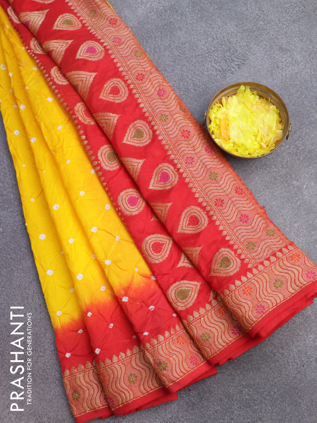 Bandhani saree mango yellow and red with allover bandhani prints and banarasi style border