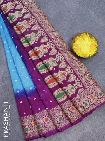 Bandhani saree light blue and purple with allover bandhani prints and banarasi style border