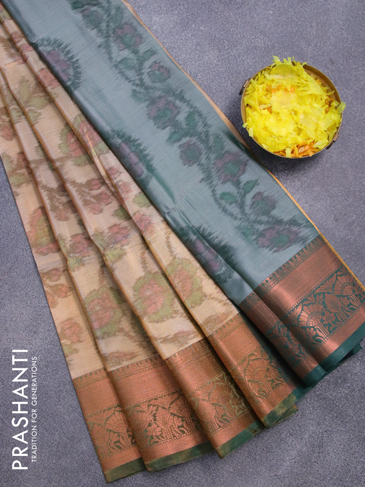 Banarasi semi tussar saree sandal and green with allover ikat weaves and copper zari woven border