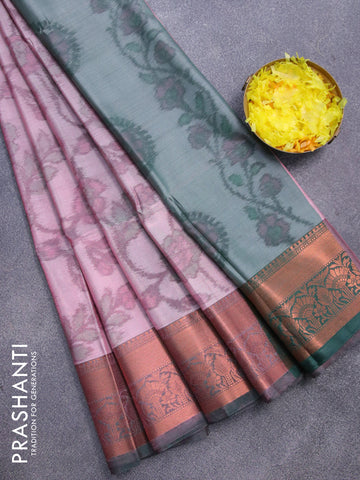 Banarasi semi tussar saree dual shade of pink and green with allover ikat weaves and copper zari woven border