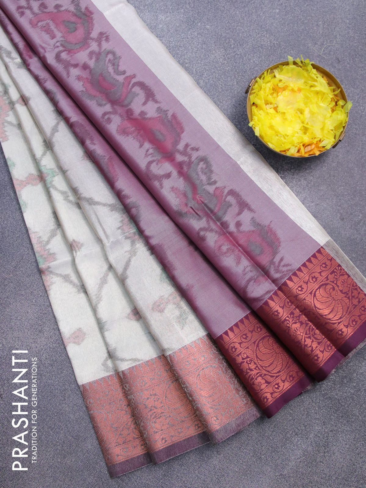 Banarasi semi tussar saree grey and wine shade with allover ikat weaves and copper zari woven border