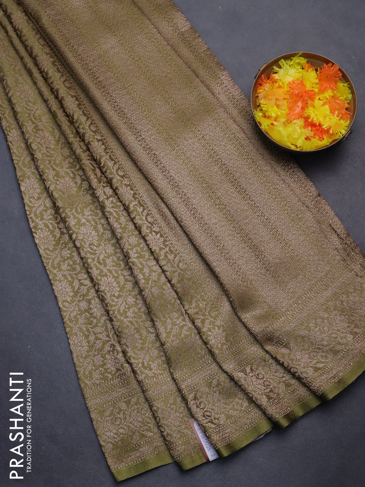 Banarasi semi crepe saree mehendi green with allover thread & zari woven brocade weaves and woven border