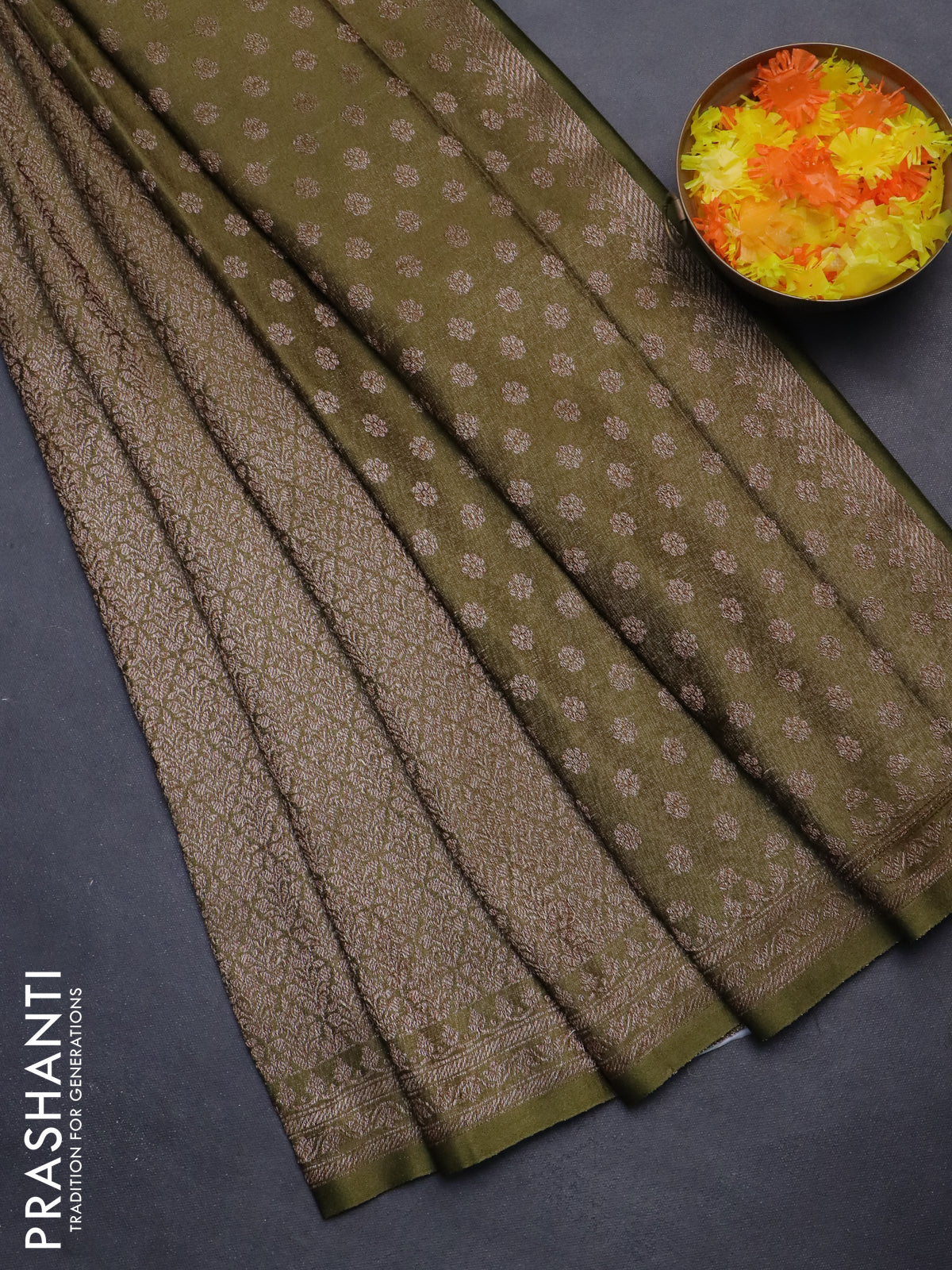 Banarasi semi crepe saree mehendi green with allover thread & zari woven brocade weaves and woven border