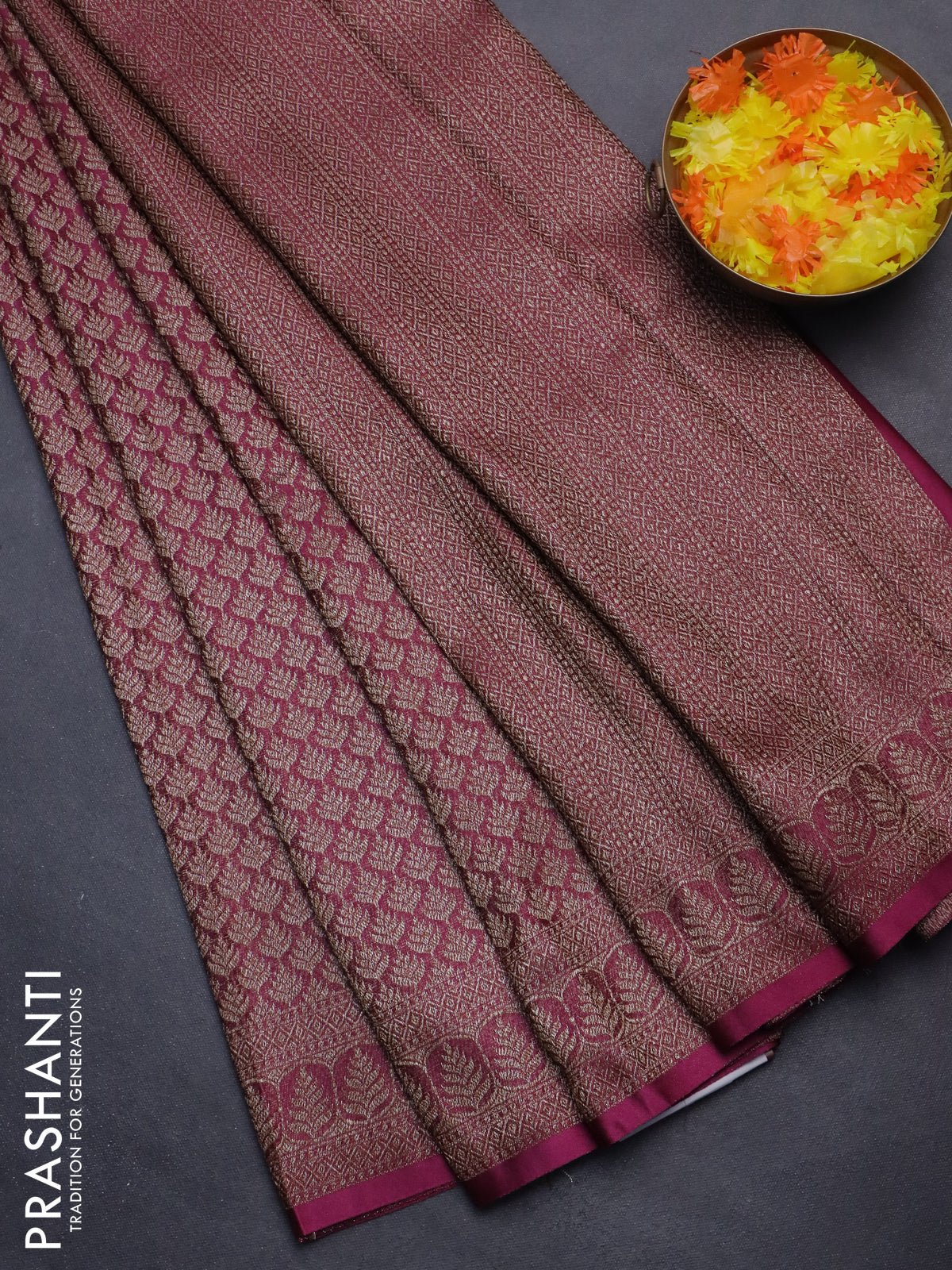 Banarasi semi crepe saree dark magenta pink with allover thread & zari woven brocade weaves and woven border