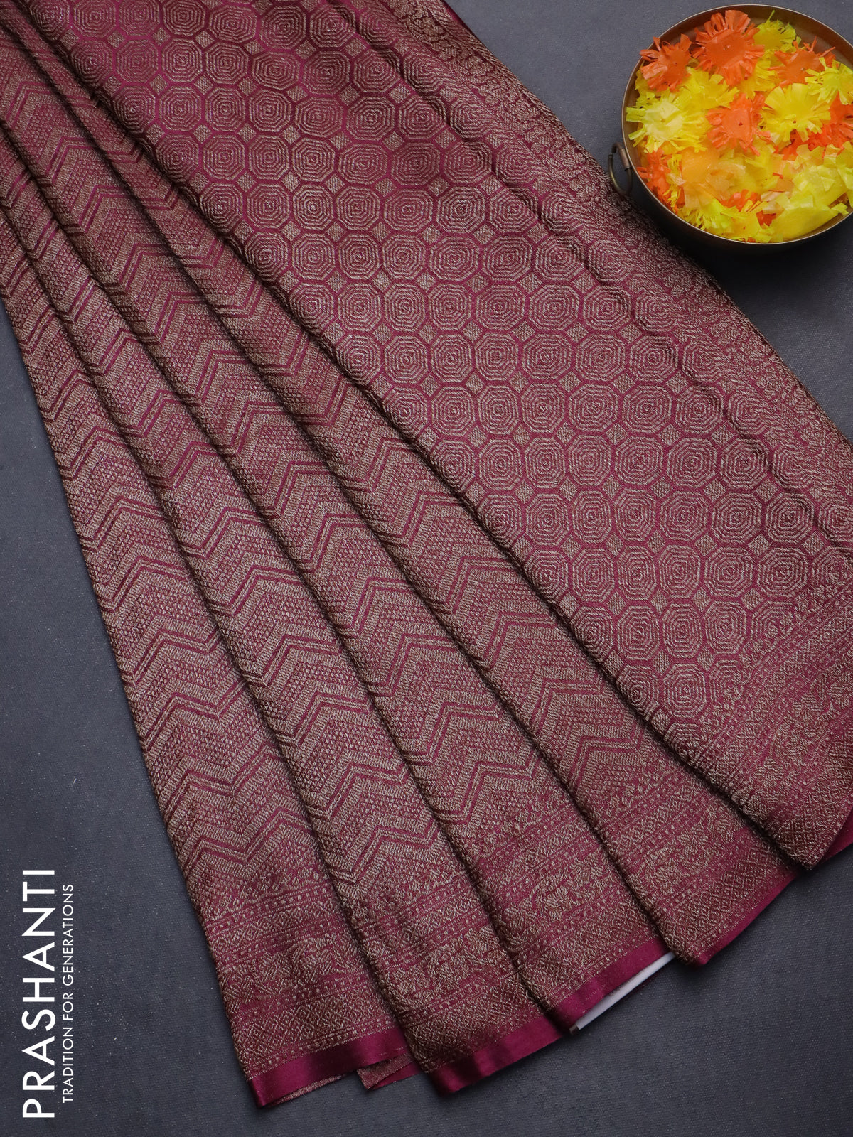 Banarasi semi crepe saree wine shade with allover thread & zari woven brocade weaves and woven border