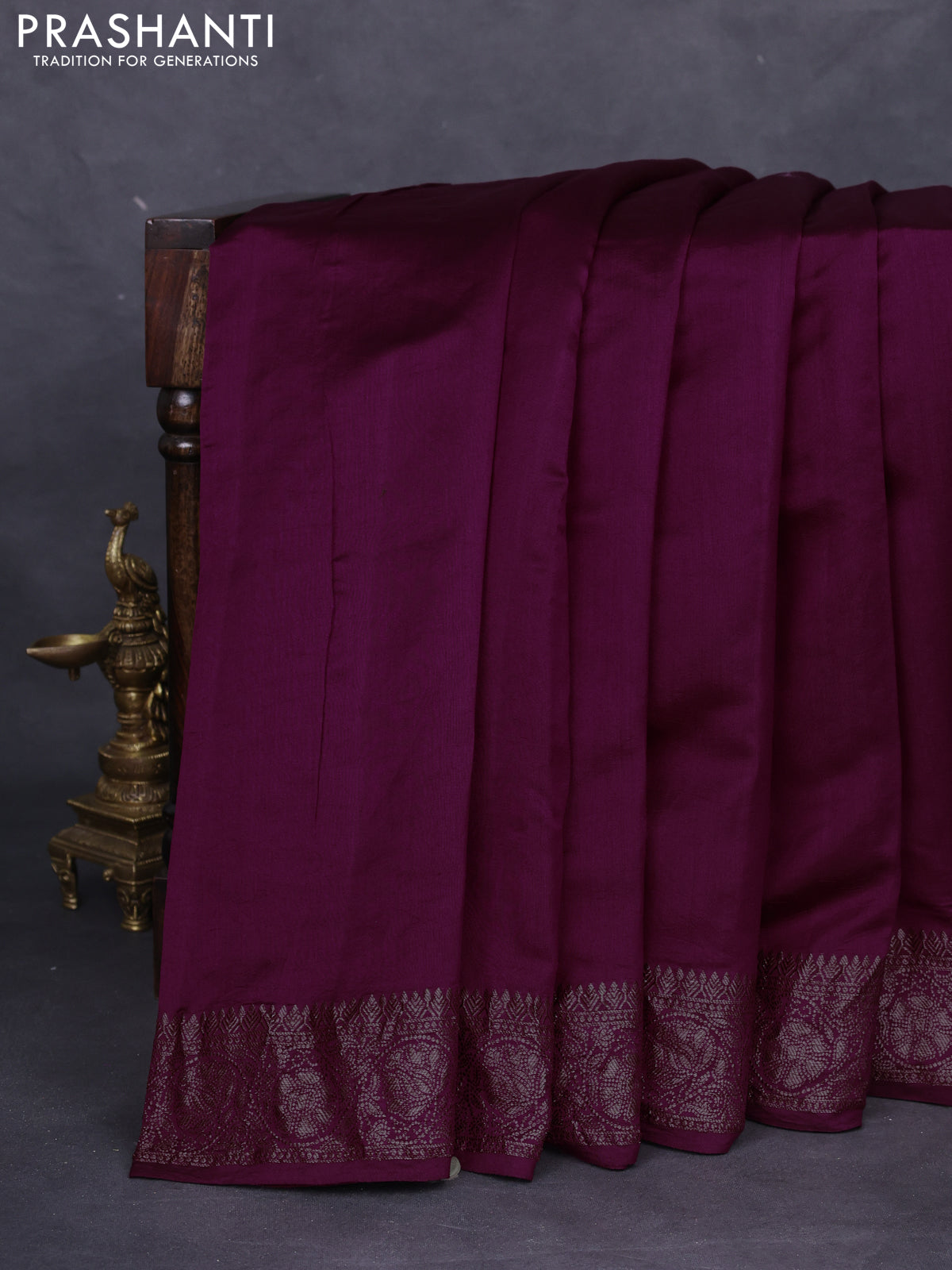 Chiniya silk saree wine shade with plain body and woven border