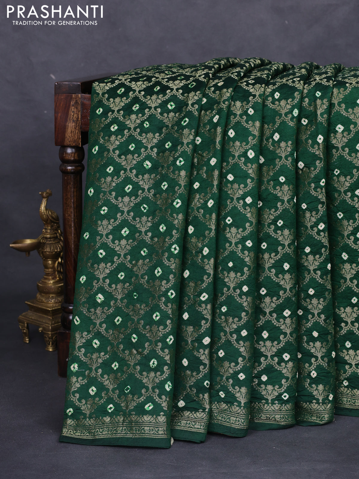 Chiniya silk saree green and brown with allover zari weaves & bandhini prints and zari woven border