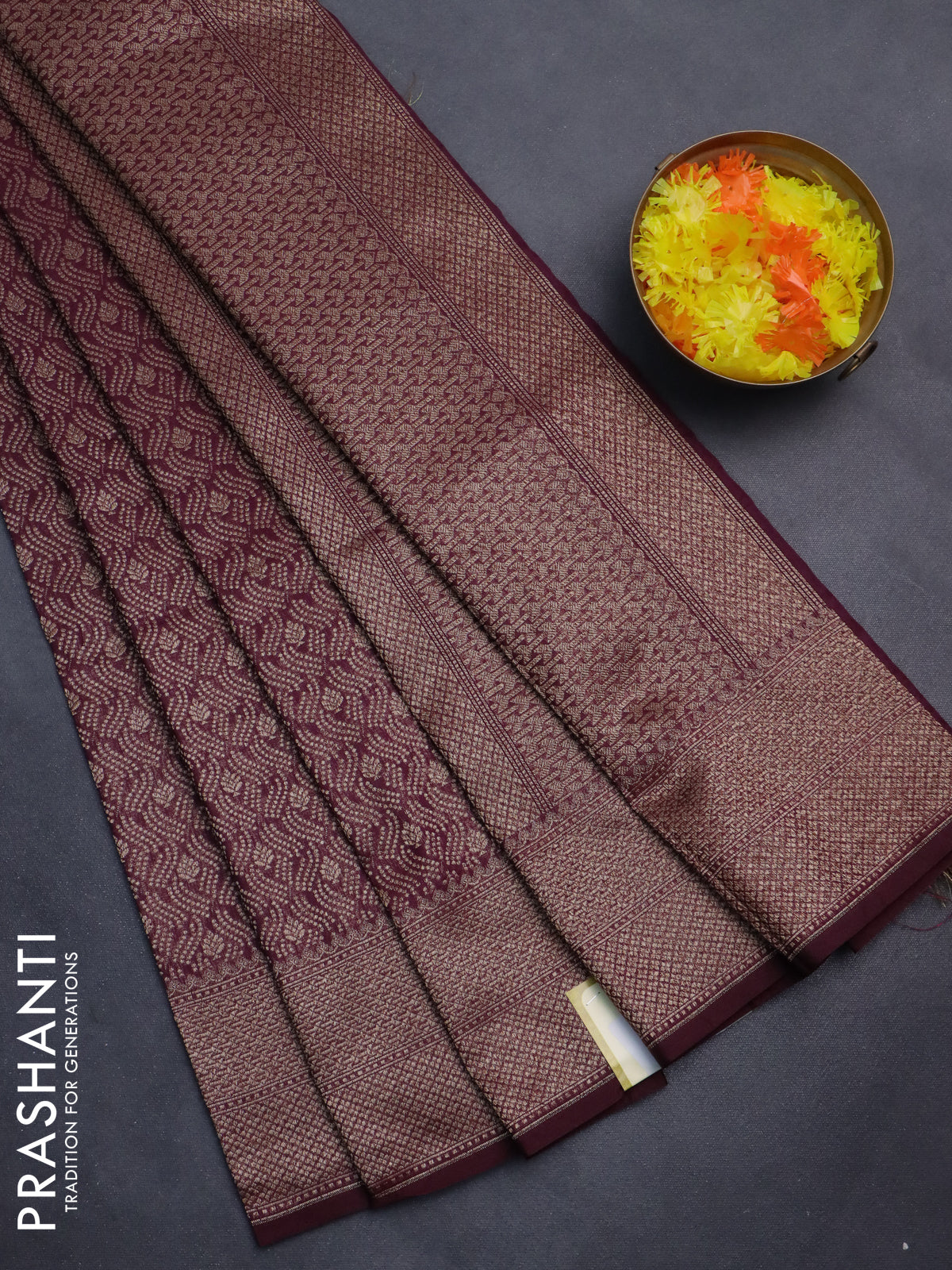 Banarasi semi silk saree wine shade with allover thread & zari weaves and woven border