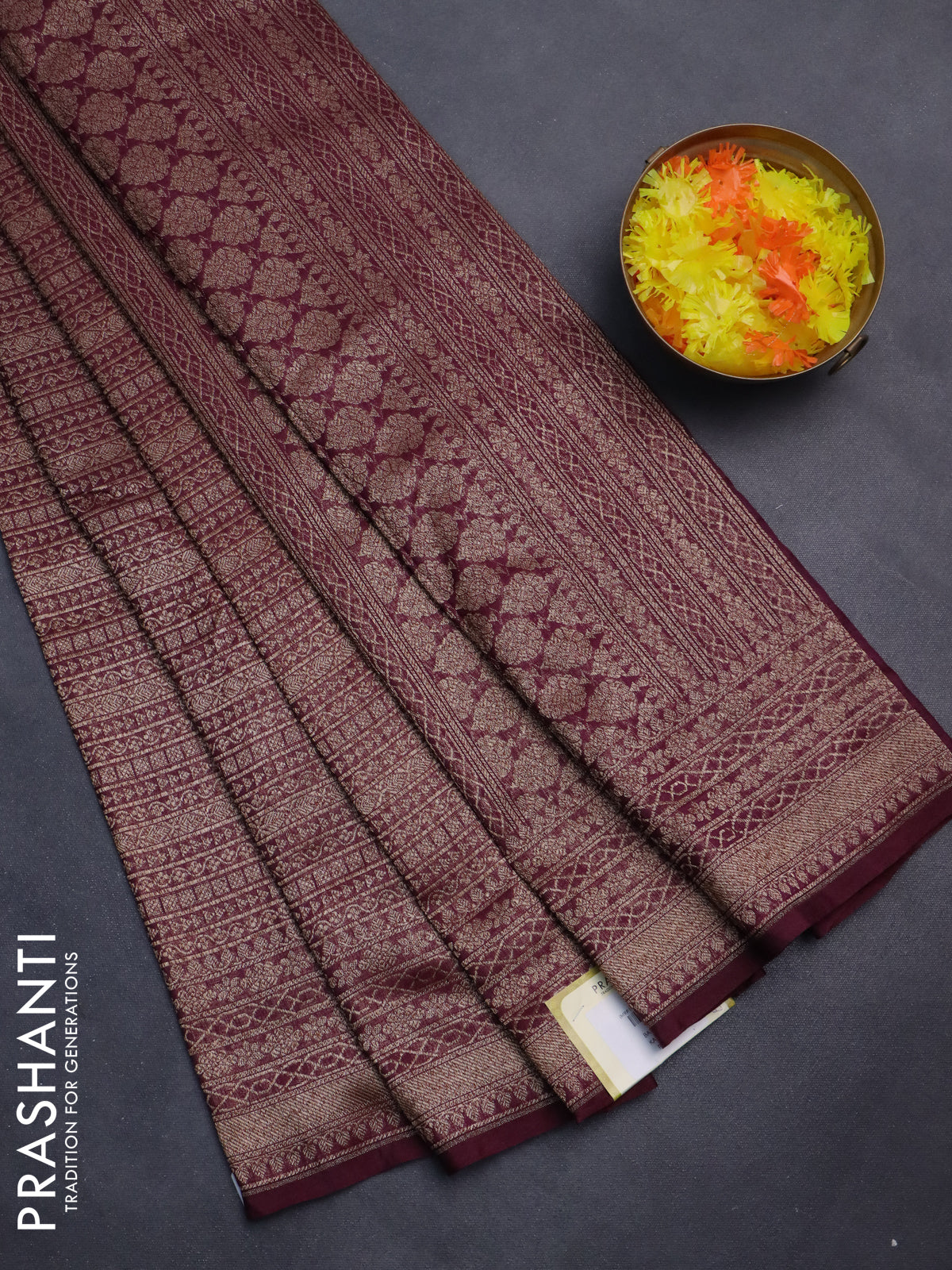 Banarasi semi silk saree wine shade with allover thread & zari weaves and woven border