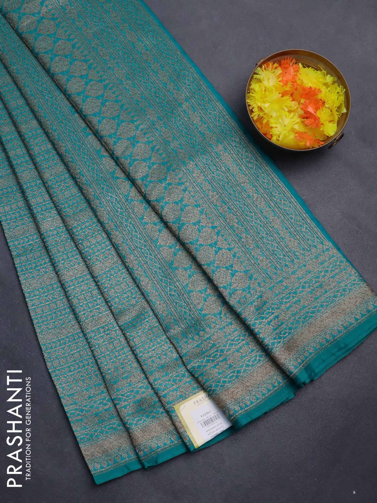 Banarasi semi silk saree teal green with allover thread & zari weaves and woven border