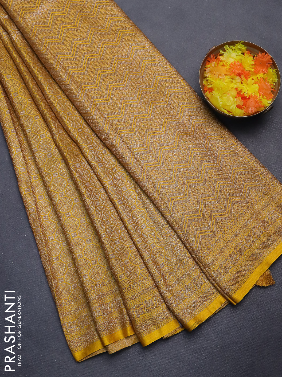 Banarasi semi silk saree mustard yellow with allover thread & zari weaves and woven border
