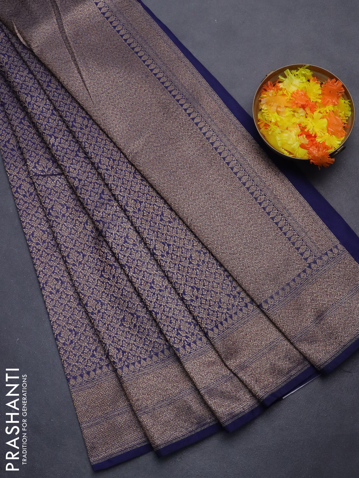 Banarasi semi silk saree navy blue with allover thread & zari weaves and woven border