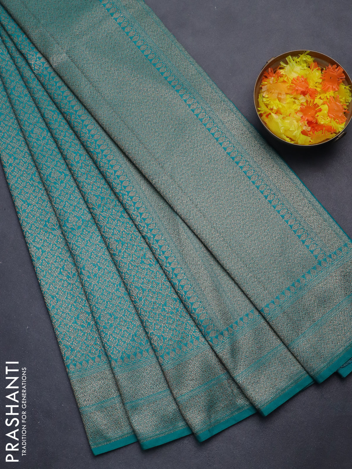 Banarasi semi silk saree teal green with allover thread & zari weaves and woven border